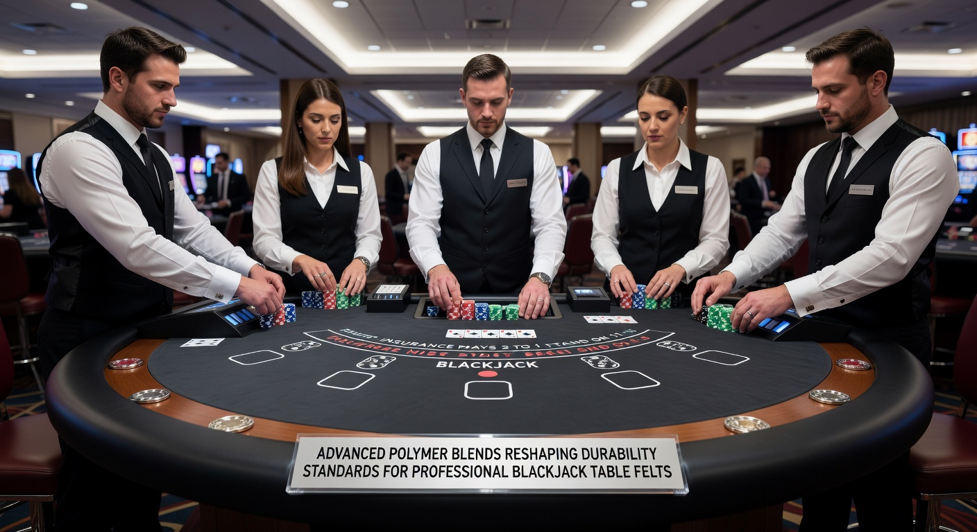 Technician applying advanced polymer-treated felt to a professional blackjack table during casino installation