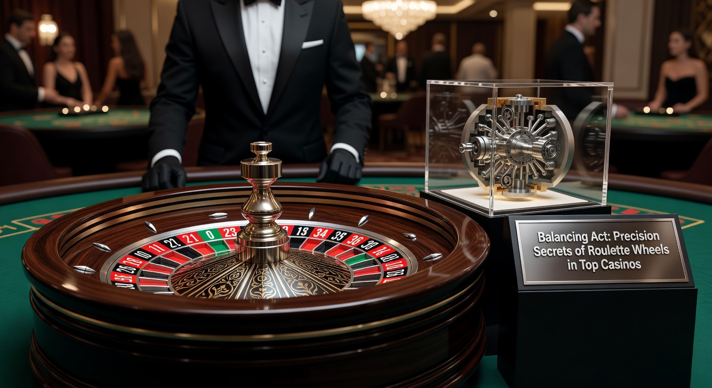 Casino technicians using laser equipment to calibrate and balance a roulette wheel, ensuring perfect fairness