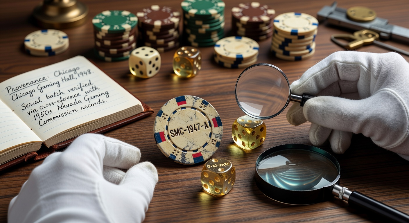Close-up view of vintage poker chips displaying etched serial markings and manufacturer codes from the mid-20th century