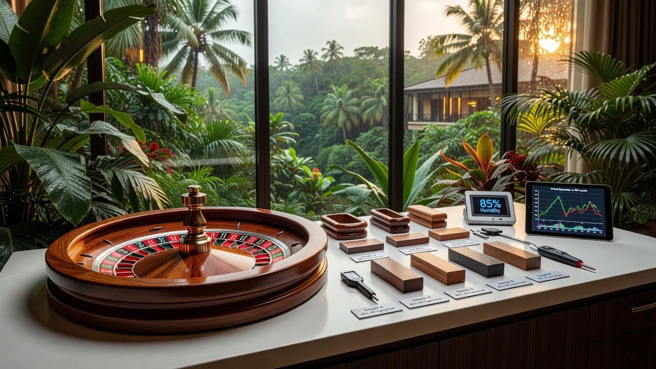 Technician using precision instruments to measure roulette wheel rim dimensions in a tropical casino setting