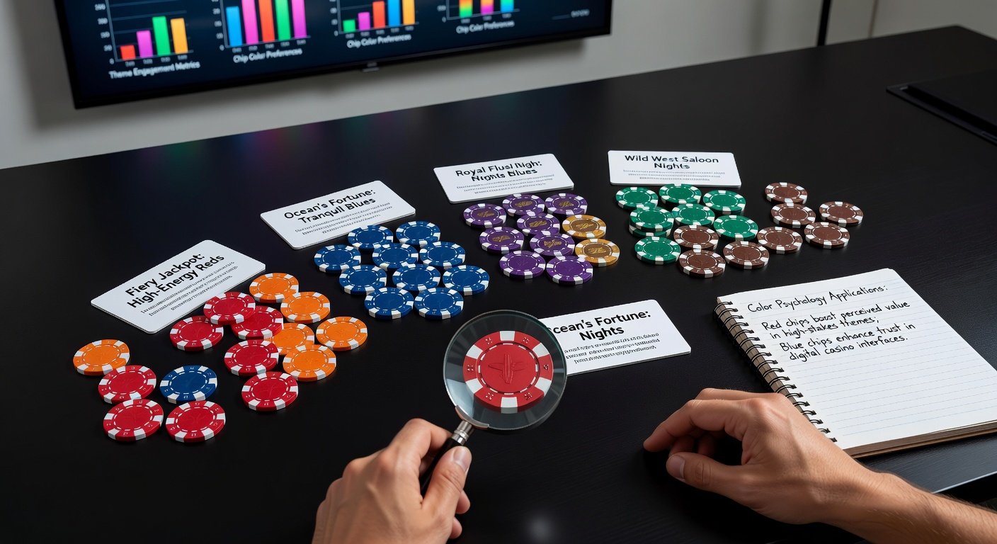 Gaming chips in vibrant colors displayed across themed casino tables with players engaged in background