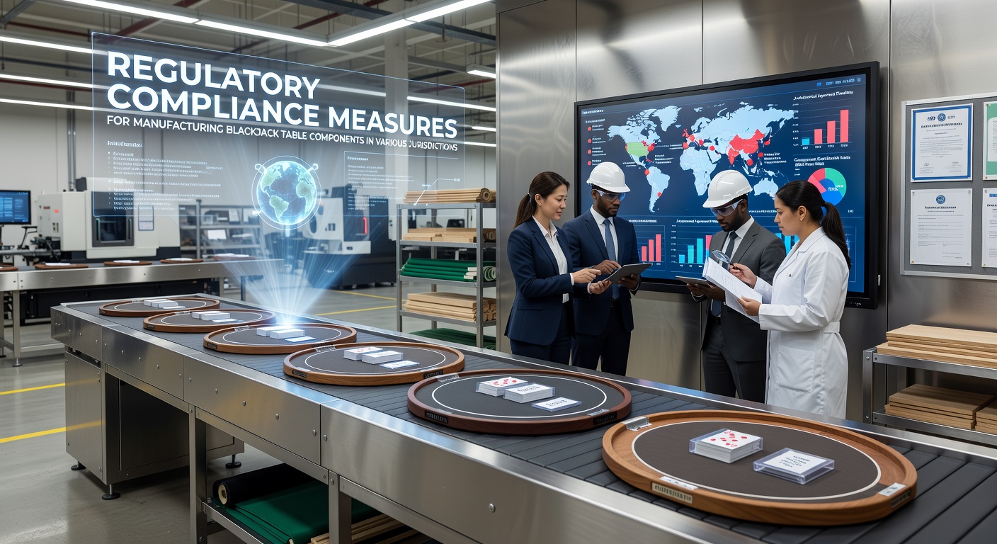 Blackjack table manufacturing facility with regulatory inspection stations and material testing equipment
