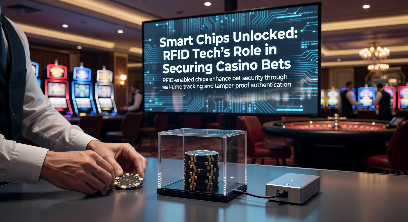 Close-up of a casino poker chip embedded with an RFID tag, glowing faintly under scanner light, highlighting the tiny embedded technology that tracks value and movement in high-stakes games