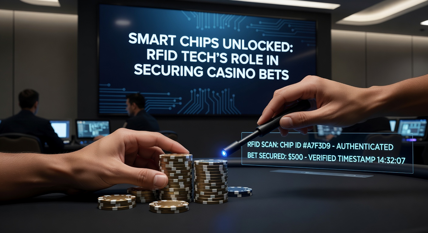 Casino surveillance setup showing RFID reader antennas embedded in a gaming table, with data streams displaying chip values and player histories on a nearby monitor, illustrating real-time bet verification