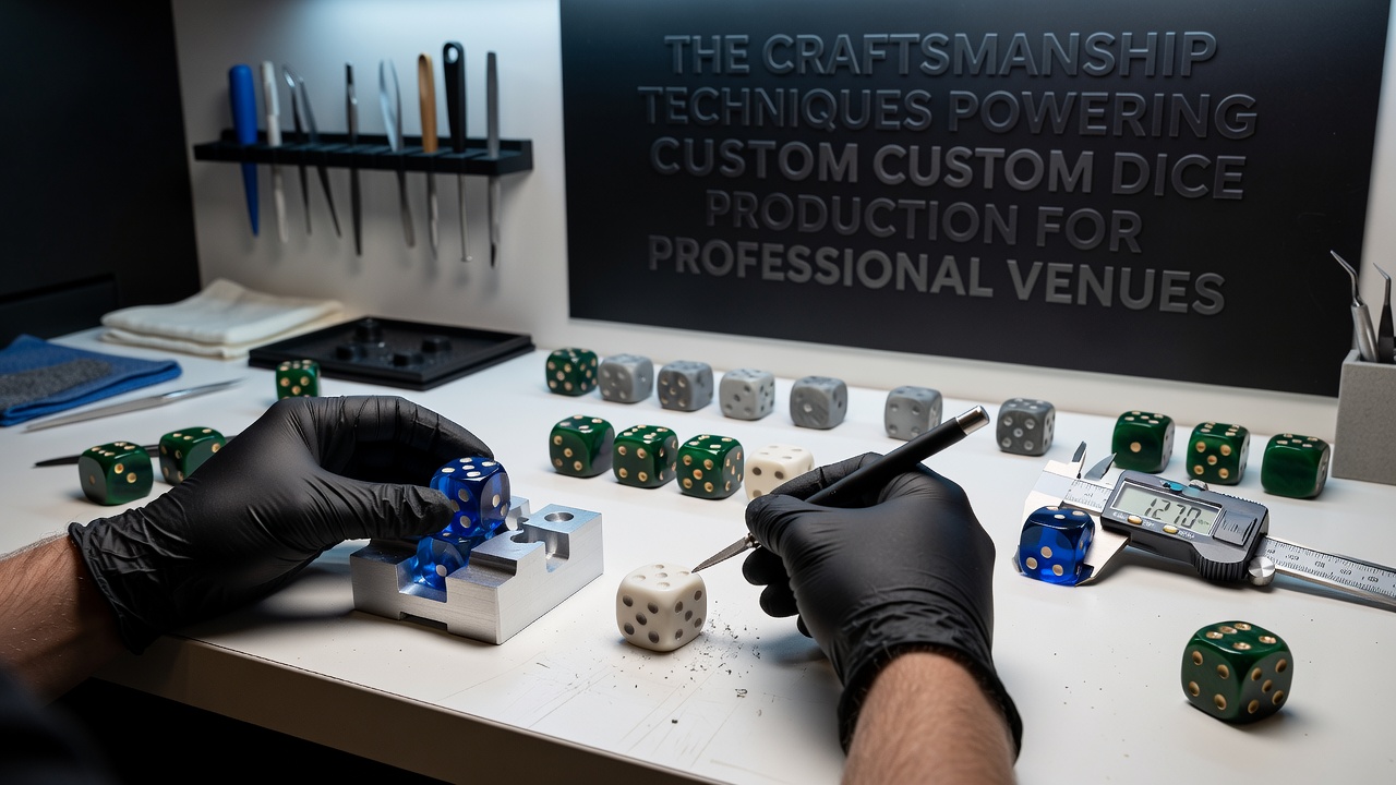 Technician applying final edge finishing to custom dice blanks in a controlled workshop environment
