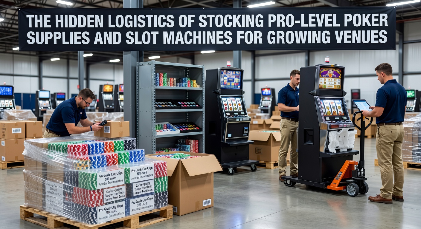 Logistics warehouse with stacked poker tables, custom chips, and slot machine crates ready for distribution to expanding casino venues