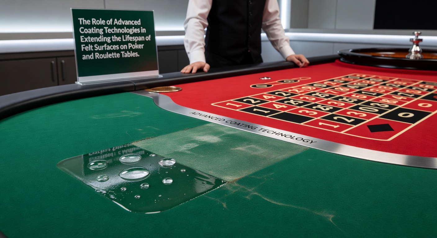 Close-up view of advanced coated felt surface on a professional poker table showing protective layer application