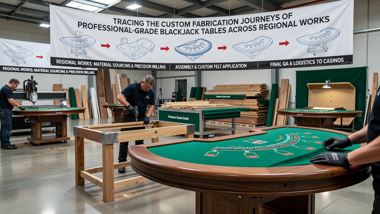 Technicians applying felt and padding to blackjack table surfaces in a finishing workshop