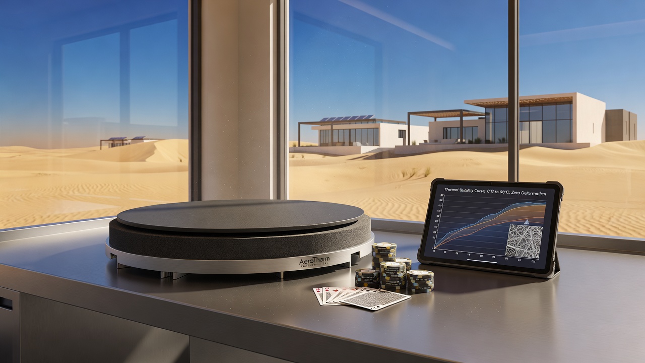 Close-up view of climate-resistant poker table surface materials used in desert resorts, showing layered polymer construction