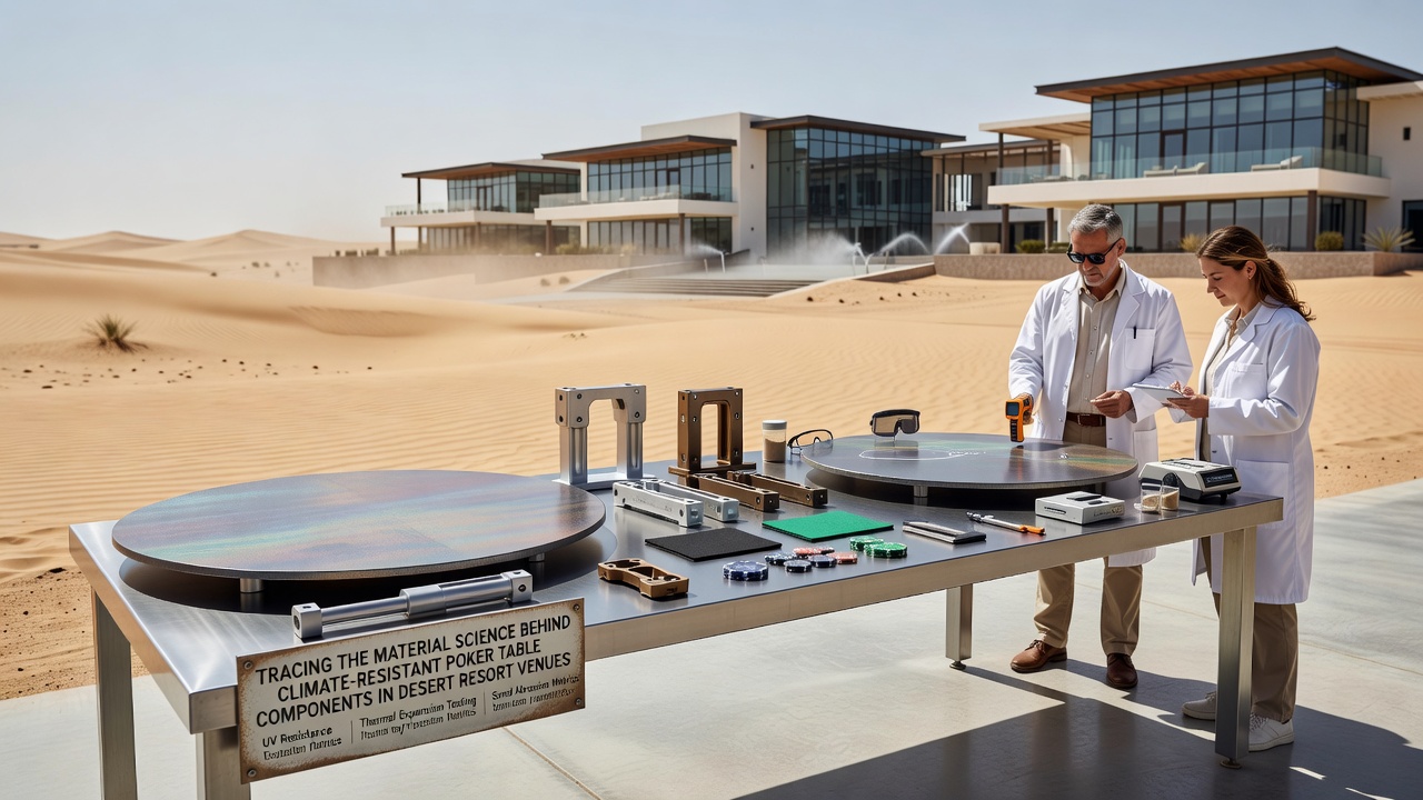 Technician applying specialized UV-resistant coating to a poker table felt surface in a desert resort maintenance facility